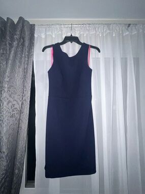 Betsey Johnson Navy Midi Sheath Dress with Pink Shoulder Accents